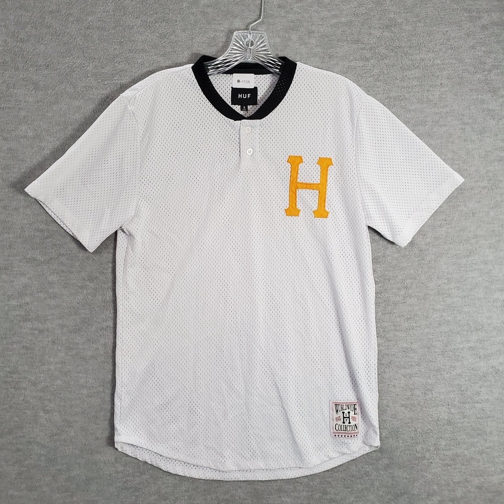 HUF Men Shirt Small White Mesh Worldwide Collection Henley Logo Short Sleeve Tee